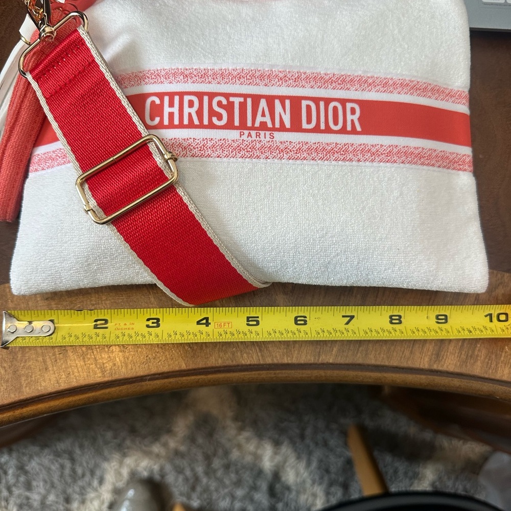 Dior White Canvas Cosmetic Pouch with Red Accent and Strap - Picture 7 of 8